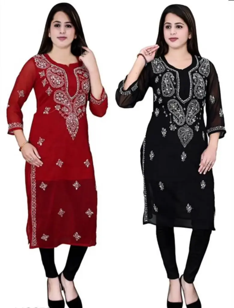 Lucknavi Chikankari Mirror Work Daily use Kurtis - Combo of Black & Red