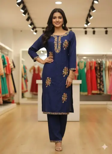 Women's embroidery solid kurta with pant set