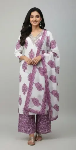 White Designer V Shape neck 3 piece dress 